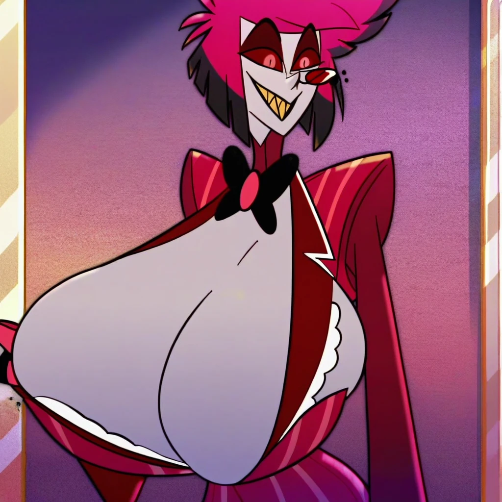 alastor, solo, 1girl, standing, (huge breasts and thighs:1.5), grey skin, red suit, monocle, BREAK, score_9, score_8_up, screencap, (((lighting on body)))