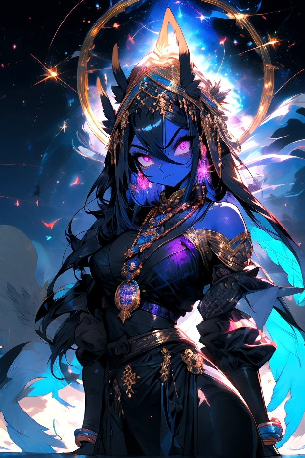 18 year old girl, (shy and spice girl),black skin with blue, Arab,(falda Arab) furry, furry art, the debt, witch clothing, malignant aura, dragon wings, body with scales and feathers, energy ball, casting sorceress spell, red evil eyes, angry face,evil spell, black aura, pose on all fours, elevated hip, standing ass, tail up,camel lip on the crotch His eyes are large and expressive, Resplendent irises of blue and purple, cosmic background, amazing space background