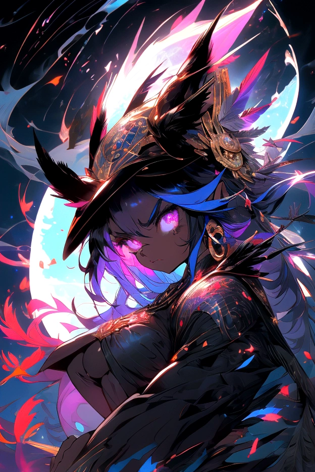 18 year old girl, (shy and spice girl),black skin with blue, Arab,(falda Arab) furry, furry art, the debt, witch clothing, malignant aura, dragon wings, body with scales and feathers, energy ball, casting sorceress spell, red evil eyes, angry face,evil spell, black aura, pose on all fours, elevated hip, standing ass, tail up,camel lip on the crotch His eyes are large and expressive, Resplendent irises of blue and purple, cosmic background, amazing space background