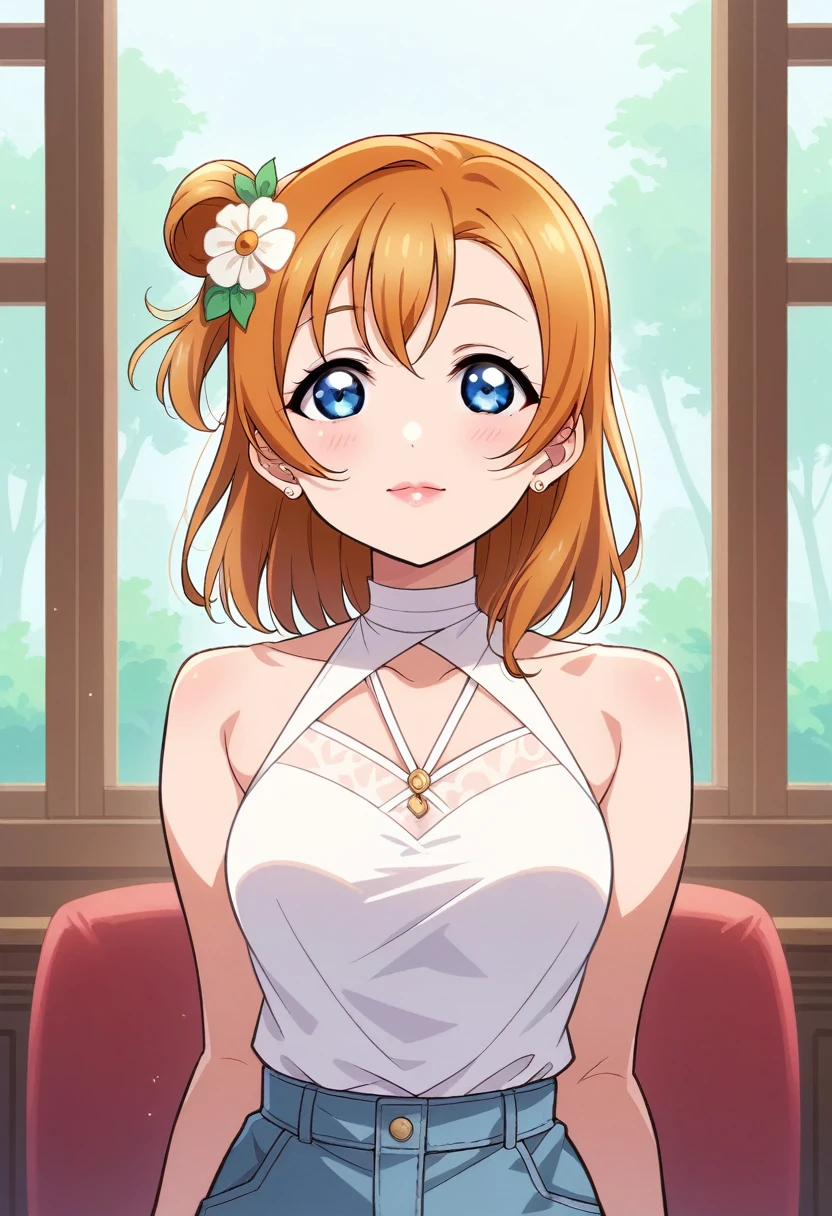 Honoka kousaka love live, blue eyes, orange hair,hair flower, solo, Fashion , bshoulders, perfect eyes, Perfect iris，Perfect skin，Soft front light，Casual，indoors；（pastel colour:1.2）, halter neck,thin straps , sexy, cowboy shot,(lipstick:0.8)