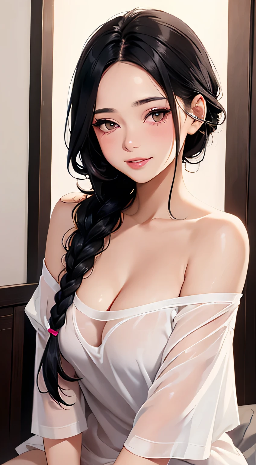 Amazing portrait of a sexy and cute woman in love with her black hair braided as she blushes deep during night time with soft lighting showcasing her seductive and soft eyes and her pink lips which are parted in a seductive smile and her long neck and collarbone having a medium chest with cleavage showcased by the off shoulder t shirt showcasing her bare shoulders