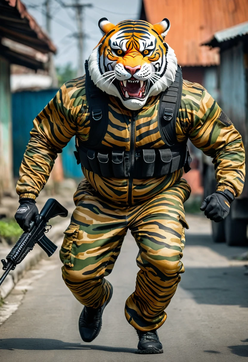 (a dark-skinned bearded fat muscular old man in a bulky army camouflage zipper diver suit) masturbating, thumbs up, carrying a gun, muscular, Bruce Onobrakpeya, sumatraism, stanley artgermm, action, heroic, fierce, smiling