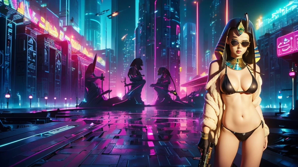 (((a large-breast bikini slim GIRL with black micro sunglasses))), (((aiming at viewer with a pistol))), a balcony of a futuristic building, aerial view of an ultra-futuristic megalopolis, many metal buildings and houses in dark colors from dark blue to black, a cidade tem tons de cinza metal, has smoky metal structures , industrial environment with smoke and fog around, carros escuros nas ruas, desert megalopolis, trilhos e trens modernos de de metal passando estre as ruas da cidade, tall futuristic metal buildings, many ultra modern buildings around, (((an Egypt sphinx statue on the top of building))), realistic, detailed, sci-fi.