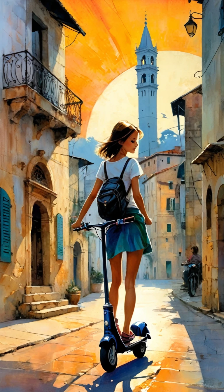 street of a classic Italian stone town: 1.5, sunrise, great detail of buildings, towers, pretty 1girl on 1scooter in the scene (art inspired by Bill Sienkiewicz). oil painting)
