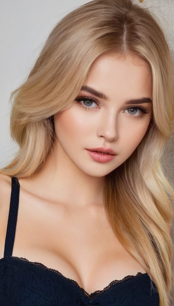 Leila、20-year-old、（Russian women）、（Cute face）、（Sexy features）、Grey Eyes、thick upper lip、Blonde medium-long hair、Large Breasts、Model Style