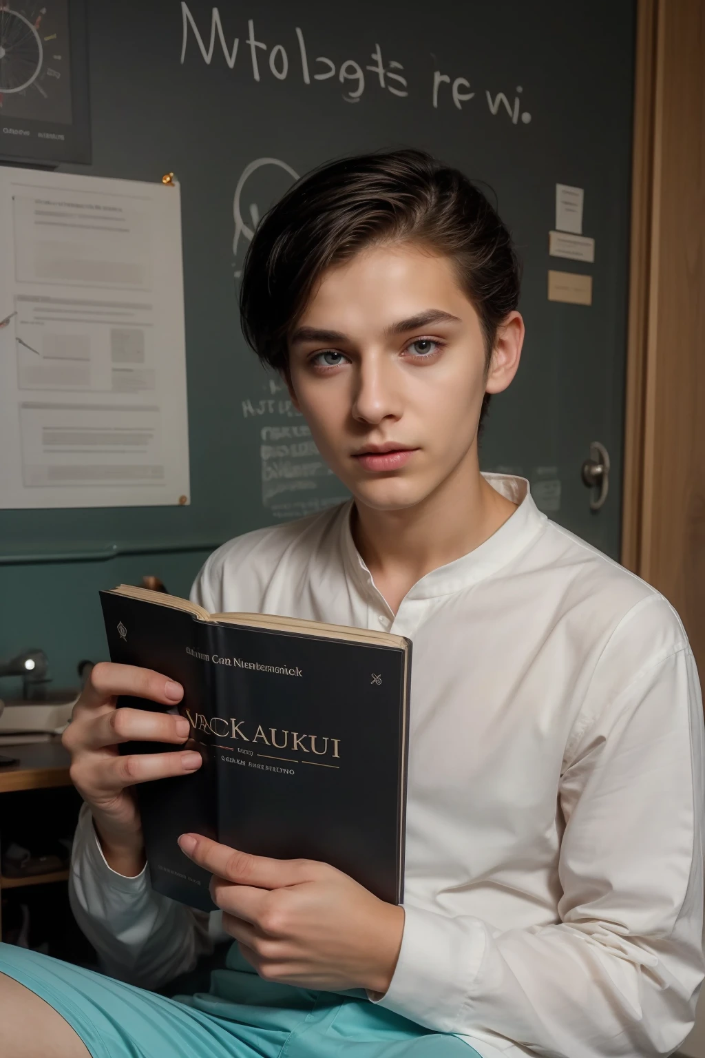 A beautiful young man, male, a cute twink, with black hair and a face with make-up, wearing a long-sleeved white shirt and aqua blue pants, and he is in his office, and behind him is a blackboard on which is written the shape of the brain and its anatomy, and nuclear energy comes out of it, and he has a face with make-up and his eyes. There are dark circles underneath while he is sitting, looking innocent, with a beautiful face with make-up and a neuroscience book in his hand
