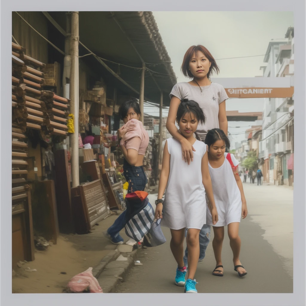 trespassing of village shot, and holding the Singapore stars, rundown street in stina town, with vendors selling traditional rose postcards, as people dancing, and colorful buildings standing in the center of the street, saloon looking off into the distance