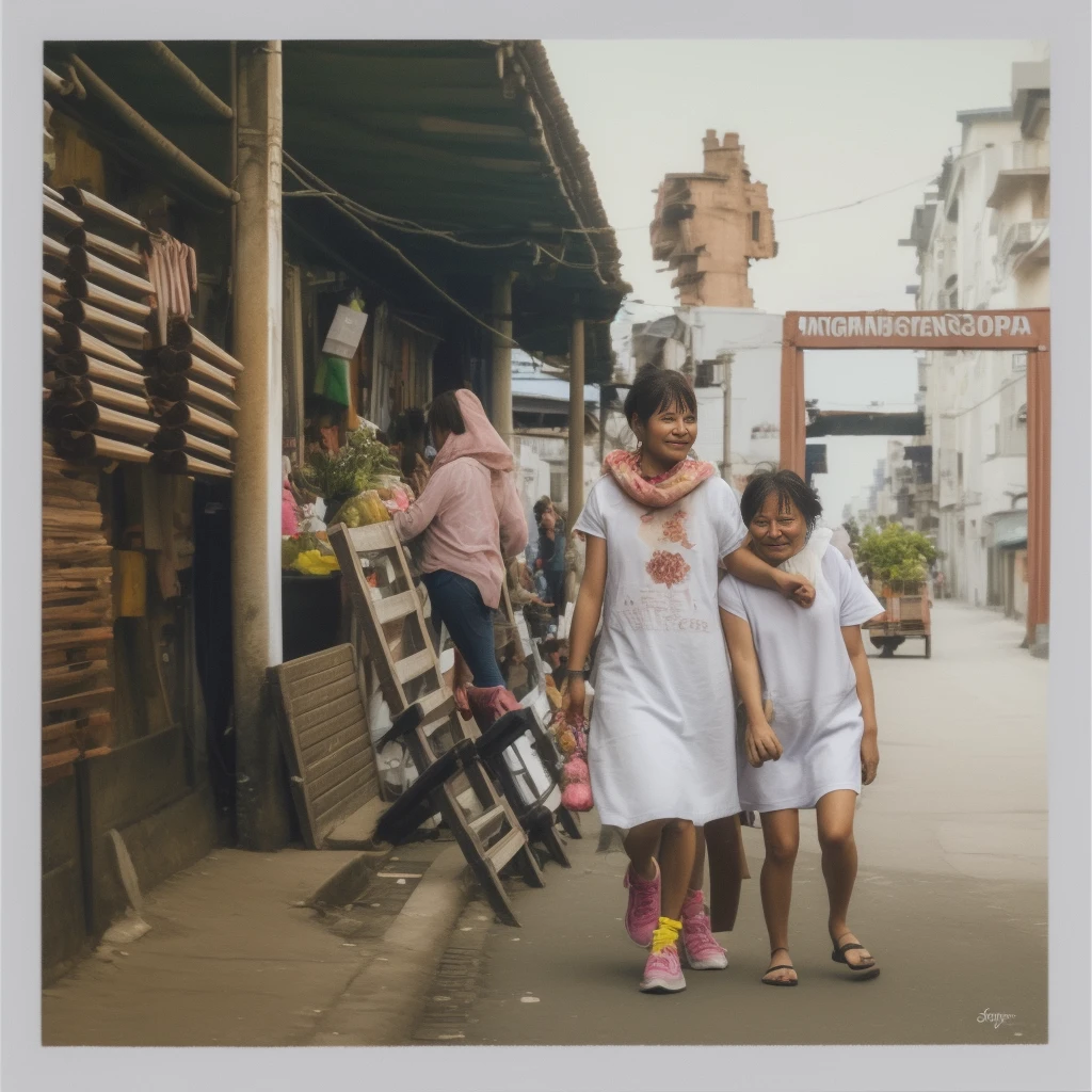 trespassing of village shot, and holding the Singapore stars, rundown street in stina town, with vendors selling traditional rose postcards, as people dancing, and colorful buildings standing in the center of the street, saloon looking off into the distance