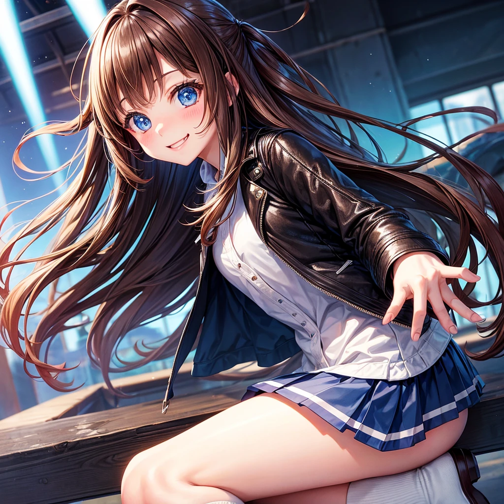Elementary school girl,smile,Best Quality,8K,Highest quality,cute,fluffy,Angel,Long Hair,leather jacket,blue eyes,美しいcute女の子,Horny girl,Brown Hair,Latest Fashion,Girl, girl,