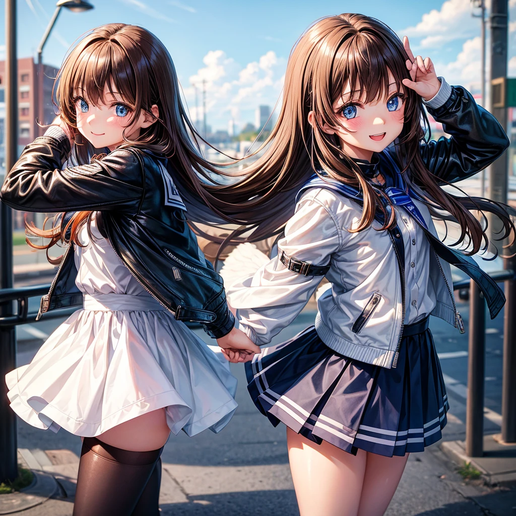 Elementary school girl,smile,Best Quality,8K,Highest quality,cute,fluffy,Angel,Long Hair,leather jacket,blue eyes,美しいcute女の子,Horny girl,Brown Hair,Latest Fashion,Girl,Loli girl,