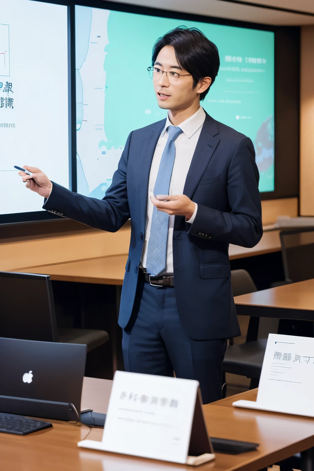 A business presentation. A Japanese male businessman in his 30s giving a cool explanation using PowerPoint. The businessman is dressed casually. The background is a biophilic bright conference room. There are many viewers.、Dress code, age group and gender々
A close-up of the businessman giving the talk, framed from the viewer's perspective, Vertical aspect ratio: 1080*Vertical 1920 5/5