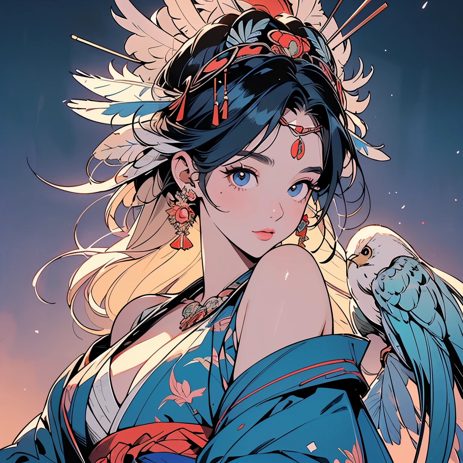 ultra complicated kimono, perfect kimono, detailed kimono, masterpiece, ultra complicated, torii gate, night view, forest, lake, one woman, perfect face, lantern, faint lighting, mysterious, (((head shot))), ultra detailed hair, sparkling eyes, mysterious, colorful sash, wind blowing,panorama, long shot, ultra complicated background, (((ultra complicated perfect Large bird head motif headdress))), (((ultra complicated perfect bird's feathers))), 32k, Various angles, various poses,(((Ultra detailed bird's head))),(((Hair and bird feathers fused together))),(((have a glimpse of one's chest))), (((prostitute))),(((Shoulders and chest exposed))), Various hair colors, Various hairstyles,(((Various hair lengths))),(((Large feather ornament))),(((A lot of peafowl feather)))