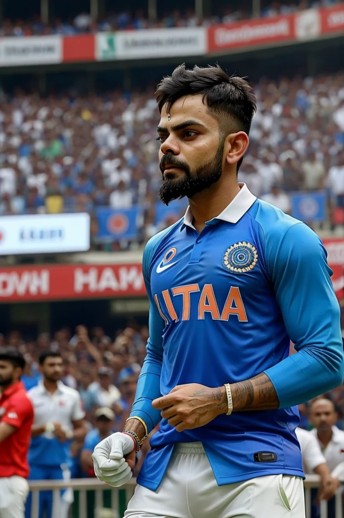 Virat kohli in blue indian jersey shows silence to the crowd