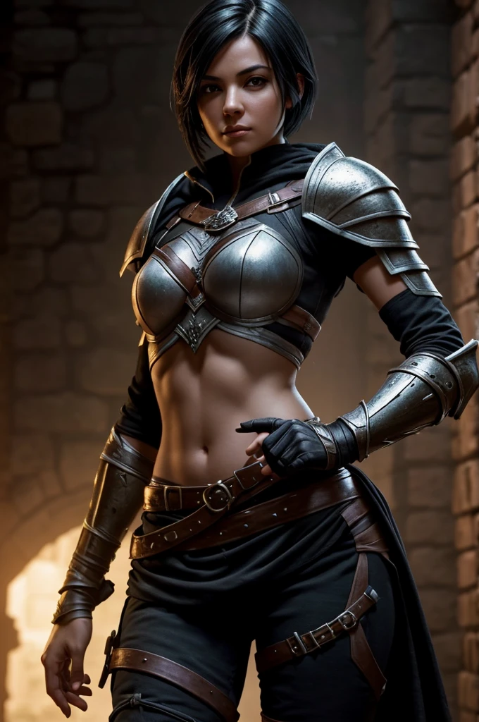 A beautiful female rogue, short black hair, Dungeons and Dragons aesthetic, skimpy armour, high detail face, high detail skin, 8, HDR, high resolution, photo-realistic, cinematic lighting, depth of field, bokeh, rim lighting, backlit, cool colours, night