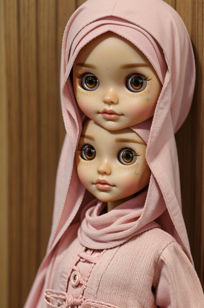 Blythe doll wearing a pink hijab with brown eyes 