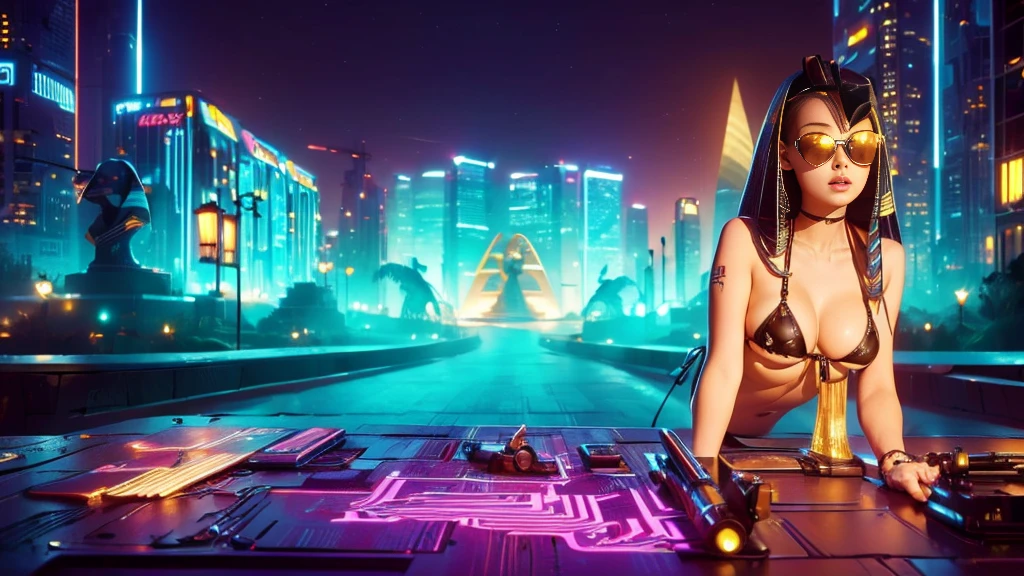 (((a large-breast bikini slim GIRL with black micro sunglasses))), (((aiming at viewer with a pistol))), a balcony of a futuristic building, aerial view of an ultra-futuristic megalopolis, many metal buildings and houses in dark colors from dark blue to black, a cidade tem tons de cinza metal, has smoky metal structures , industrial environment with smoke and fog around, carros escuros nas ruas, desert megalopolis, trilhos e trens modernos de de metal passando estre as ruas da cidade, tall futuristic metal buildings, many ultra modern buildings around, (((an Egypt sphinx statue on the top of building))), realistic, detailed, sci-fi.
