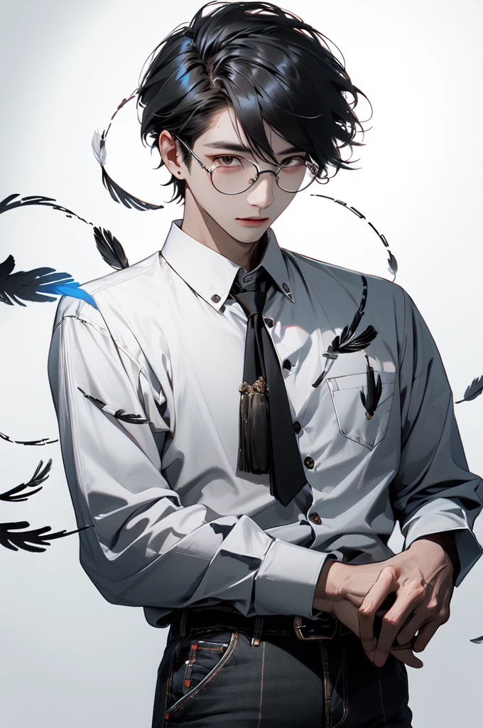 (Masterpiece:1.2), best quality,realistic,mid trip,
1 boy, glove, focus man, feather pen, glasses, decorations, earring, สายรัดglasses, white background, black hair, glassesข้างเดียว, Holding, black glove, short hair, hands in pocket, book, shirt, long sleeve, พื้นหลังที่smoothง่าย, look at viewer, tassel, hair between the eyes, Many perspectives, lamp, smooth, collared shirt, paper, earringเดี่ยว, shirtโค้ท, trousers, black shirtโค้ท, glassesทรงกลม, gag, alone