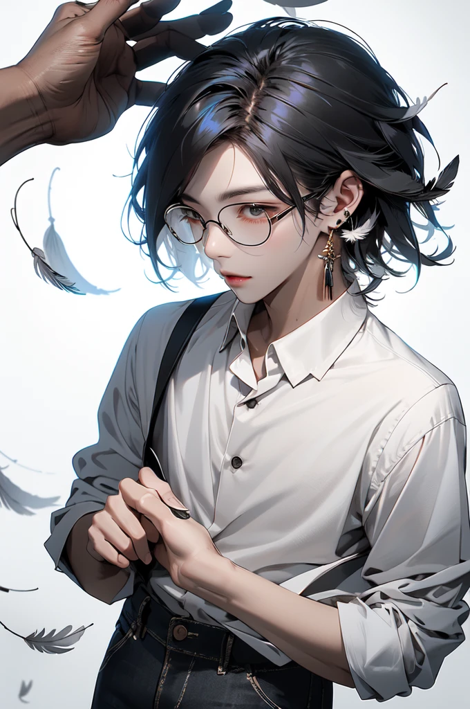 (Masterpiece:1.2), best quality,realistic,mid trip,
1 boy, glove, focus man, feather pen, glasses, decorations, earring, สายรัดglasses, white background, black hair, glassesข้างเดียว, Holding, black glove, short hair, hands in pocket, book, shirt, long sleeve, พื้นหลังที่smoothง่าย, look at viewer, tassel, hair between the eyes, Many perspectives, lamp, smooth, collared shirt, paper, earringเดี่ยว, shirtโค้ท, trousers, black shirtโค้ท, glassesทรงกลม, gag, alone