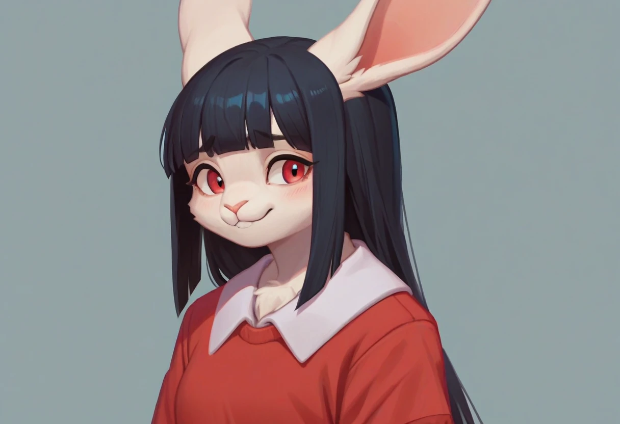 anime screencap,drgbls1, solo,anthro rabbit, female,score_9, score_8_up, score_7_up, score_6_up. shy smile, upper body,  uniform, school, white fur, black hair, long hair, blunt bangs
