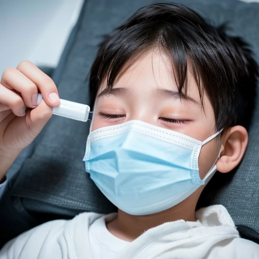 Handsome kindergarten boy with infectious disease、Appearance of suffering. He is wearing a white mask. He has a high fever. he is sleeping. He has a cough. He is exhausted. He is taking his temperature with a thermometer. He is dying. He is cooling his forehead with a cooling gel sheet..Are crying