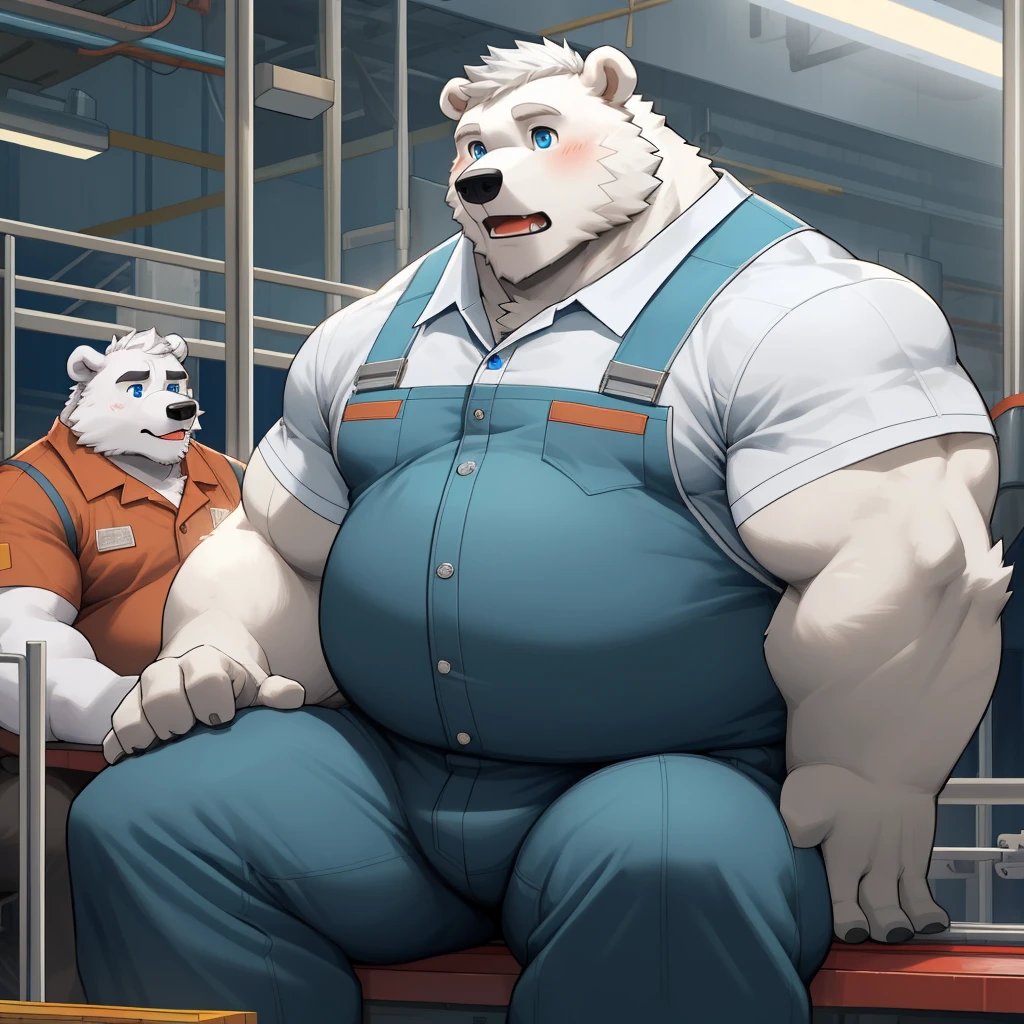 masterpiece, best quality, 8k resolution, Very detailed, hairy,(((polar bear)),(((Mature))),(((beard))),(((fat))),(((White hair all over body))),(((portrait))),(((White hair))),(((Toy factory))),For the audience,(((Worker clothing))),(((assembly line))),(((surprised))),Highest quality scene,(((whole body))),((( Blue Eyes))),(((Work while sitting))),(((Fat-enclosed muscle))),(((Round face))),(((alone))),(((Strong body))),(((Hip bulge)))