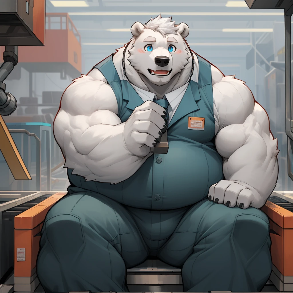 masterpiece, best quality, 8k resolution, Very detailed, hairy，(((polar bear))，(((Mature)))，(((beard))),(((fat)))，(((White hair all over body)))，(((portrait)))，(((White hair)))，(((Toy factory)))，For the audience，(((Worker clothing))),(((assembly line)))，(((surprised)))，Highest quality scene，(((whole body)))，((( Blue Eyes))),(((Work while sitting)))，(((Fat-enclosed muscle)))，(((Round face)))，(((alone)))，(((Strong body)))，(((Hip bulge)))