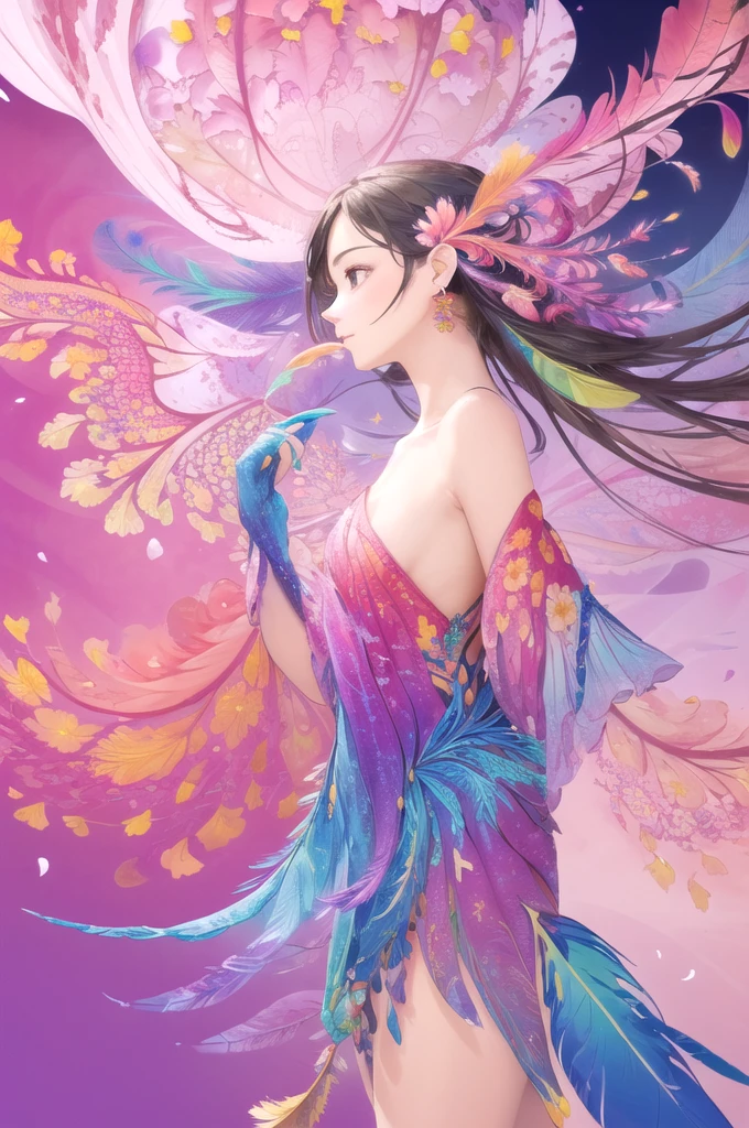 (One girl, alone, From the side), Very detailed, (Abstract background, Tangled, Fractal Art:1.3), (Many colors, colorful:1.1), (feather, petal, Flowers:1.3), Dynamic pose, Earrings 