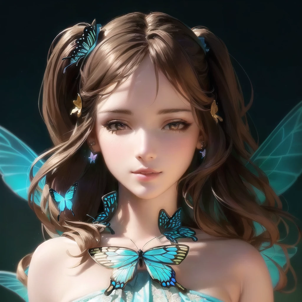 wearing butterfly decoration, butterfly decor, butterfly earring, butterfly hairband, beautiful fairy, beautiful fairy portrait, fantasy concept,pretty girl face,photo realism, cinematic rendering, ray tracing, highest quality, highest detail, Cinematic,8K, Ultra-HD, Natural Lighting,