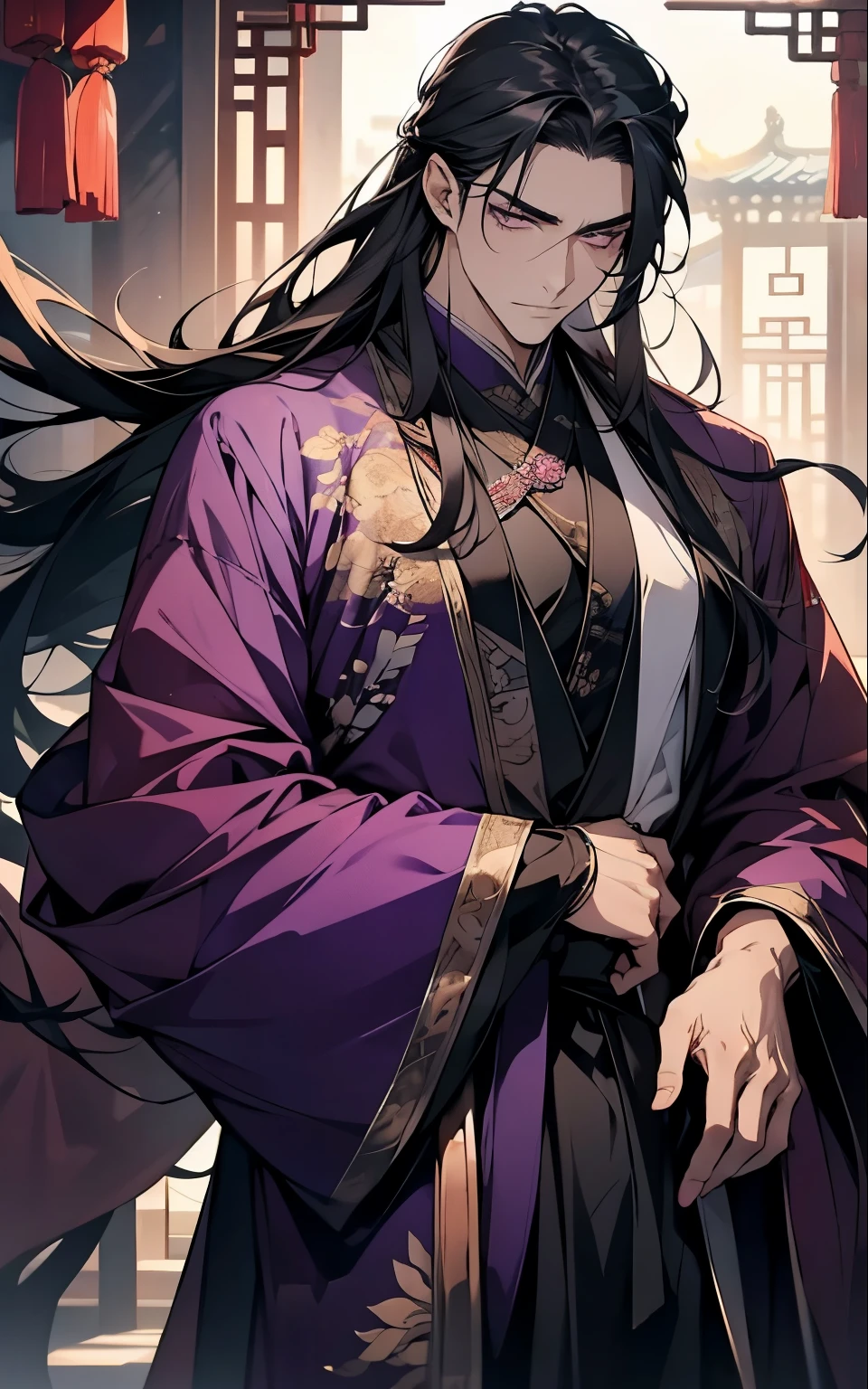 1 middle-aged man, (45 years old), long black hair, violet eyes, chinese clothes, (!PURPLE! clothes), available at purple chinese room