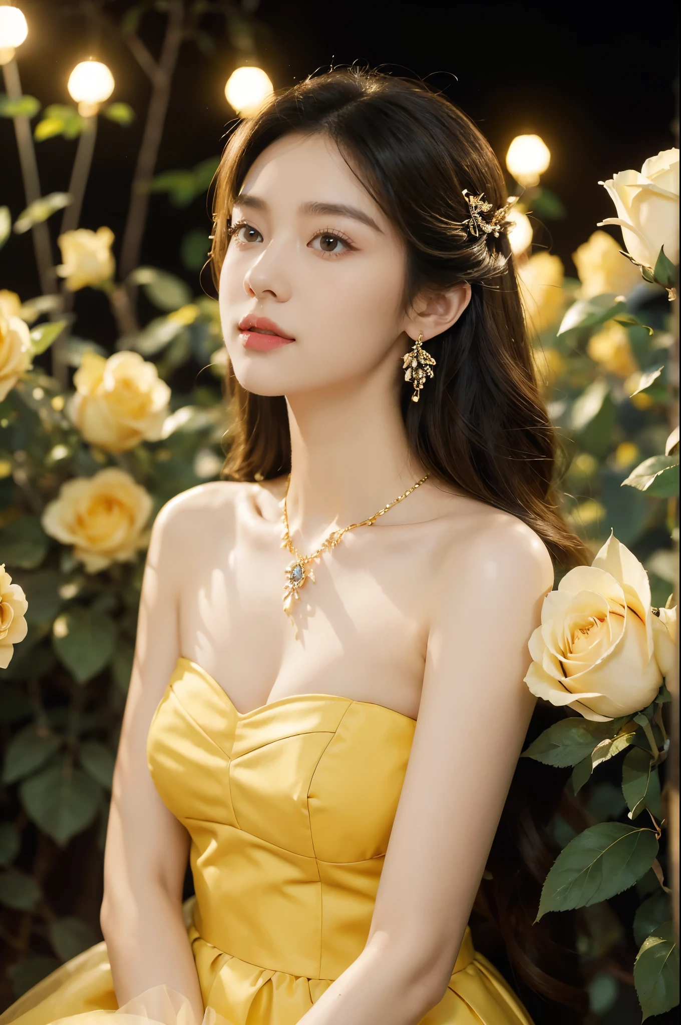 (((best quality))),(((ultra detailed))),(((masterpiece))),illustration, a stunning young girl amidst a sea of yellow roses,strapless yellow rose petal bra,slim,thin, fair skin,shoulder length straight chestnut hair,earrings,necklace,intricate patterns, embellishments, ethereal charm, sparkling eyes, gentle smile,flat chest,small breasts, innocence and grace, yellow roses background, full bloom, fragrance of roses, enchanting presence, delicate fingers, admiration, beauty and nature blend, striking appearance, vibrant yellow color, harmonious equilibrium,lasting impression,standing,((close-up of face,from front)),night scene,