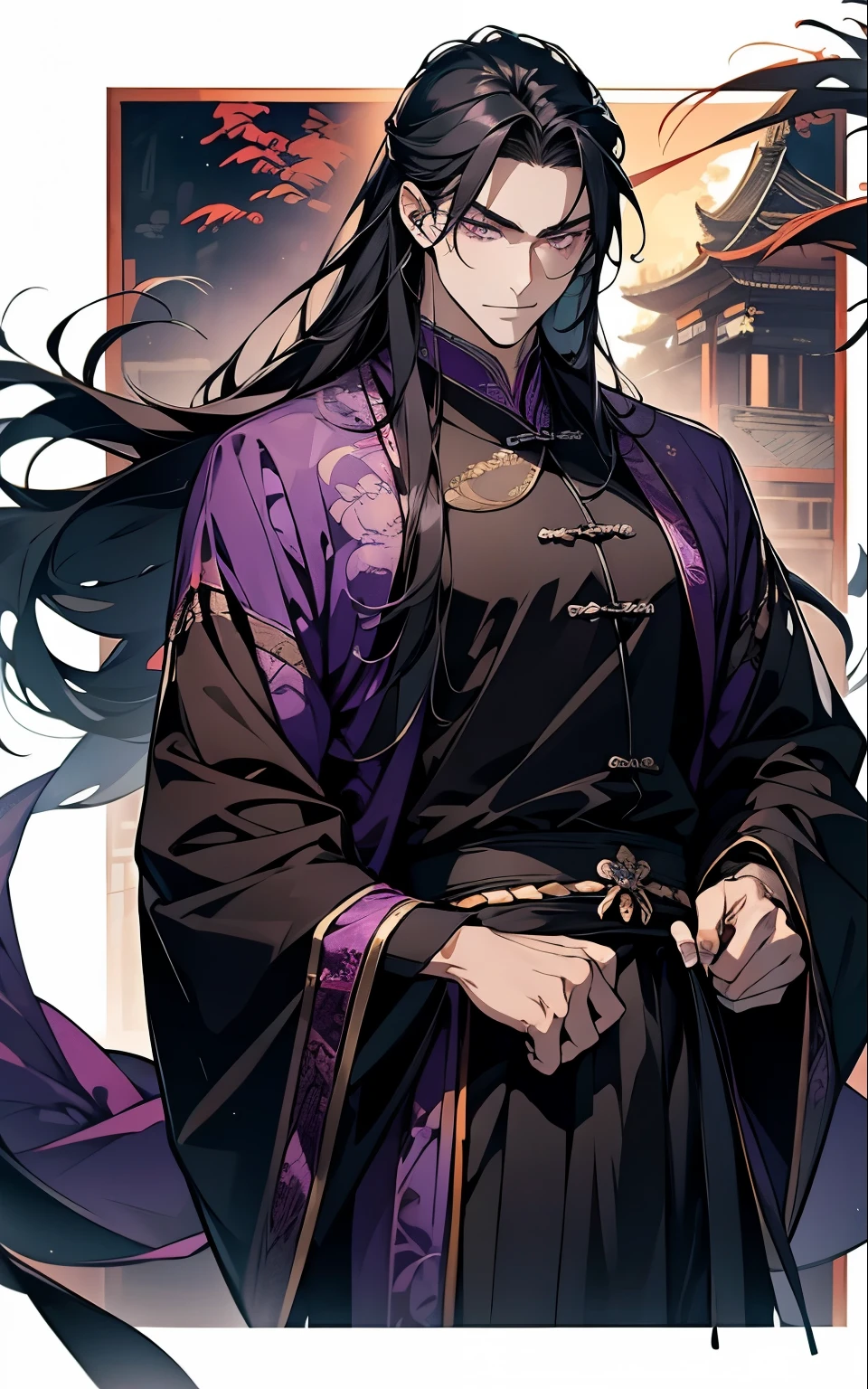 1 middle-aged man, (45 years old), long black hair, violet eyes, chinese clothes, (!PURPLE! clothes), available at purple chinese room