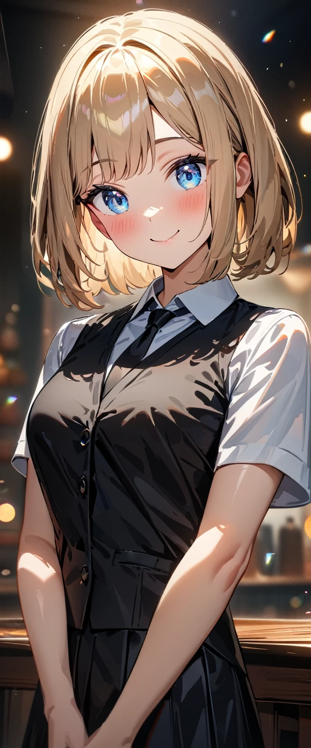 (((One girl))), blond hair, bob cut, (cowboy shot), (looking at viewer), face in focus, breasts, teenager, head tilt:1.3, (((blue eye))), ((happy smile)), ((blush)), school summer uniform, white shirts, ((black tie)), black skirt, black waistcoat, anime style, (best quality, 4k, 8k, highres, masterpiece:1.2, ultra-detailed, ultra-detailed eyes, HDR, UHD, studio lighting, ultra-fine painting, sharp focus, physically-based rendering, extreme detail description, professional, vivid colors, bokeh)