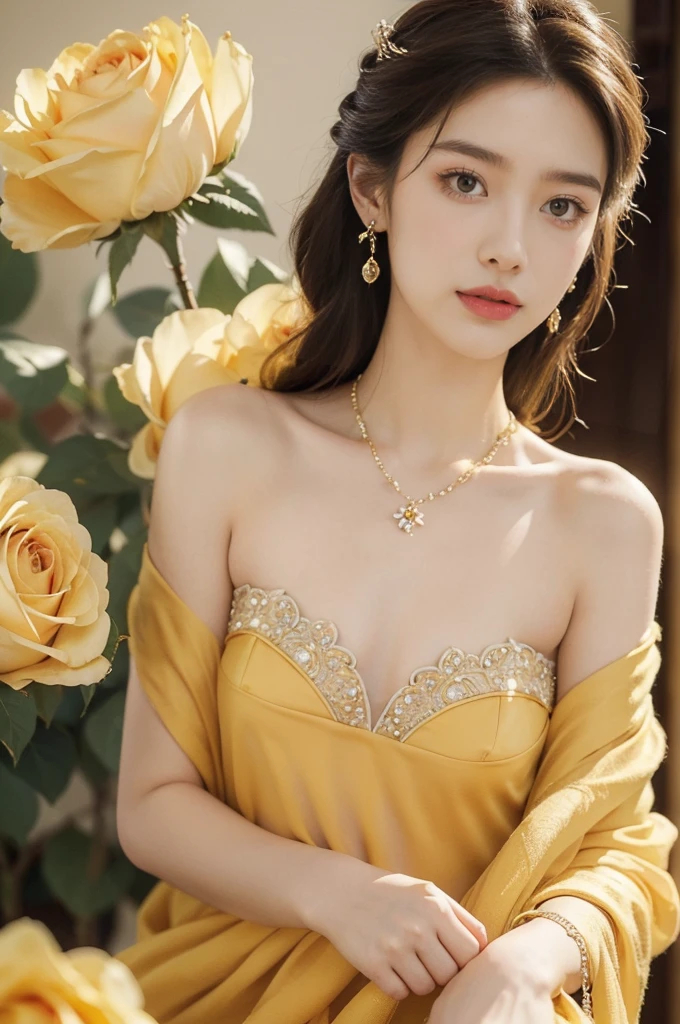 (((best quality))),(((ultra detailed))),(((masterpiece))),illustration, a stunning young girl amidst a sea of yellow roses,strapless yellow rose petal bra,slim,thin, fair skin,shoulder length straight chestnut hair,earrings,necklace,intricate patterns, embellishments, ethereal charm, sparkling eyes, gentle smile,flat chest,small breasts, innocence and grace, yellow roses background, full bloom, fragrance of roses, enchanting presence, delicate fingers, admiration, beauty and nature blend, striking appearance, vibrant yellow color, harmonious equilibrium,lasting impression,standing,((close-up of face,from front)),night scene,