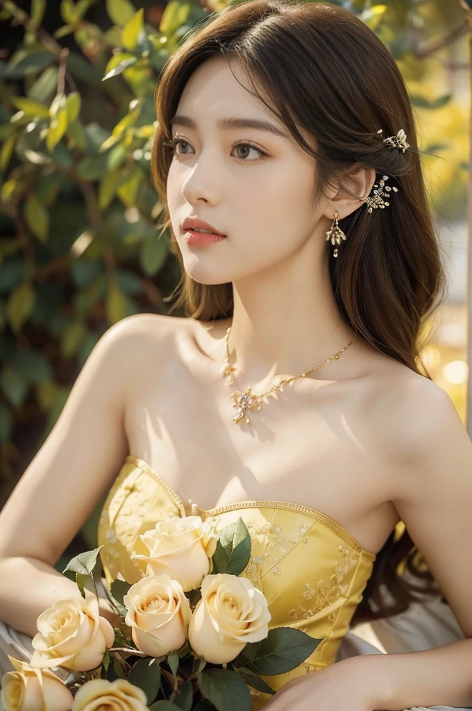 (((best quality))),(((ultra detailed))),(((masterpiece))),illustration, a stunning young girl amidst a sea of yellow roses,strapless yellow rose petal bra,slim,thin, fair skin,shoulder length straight chestnut hair,earrings,necklace,intricate patterns, embellishments, ethereal charm, sparkling eyes, gentle smile,flat chest,small breasts, innocence and grace, yellow roses background, full bloom, fragrance of roses, enchanting presence, delicate fingers, admiration, beauty and nature blend, striking appearance, vibrant yellow color, harmonious equilibrium,lasting impression,standing,((close-up of face,from front)),night scene,