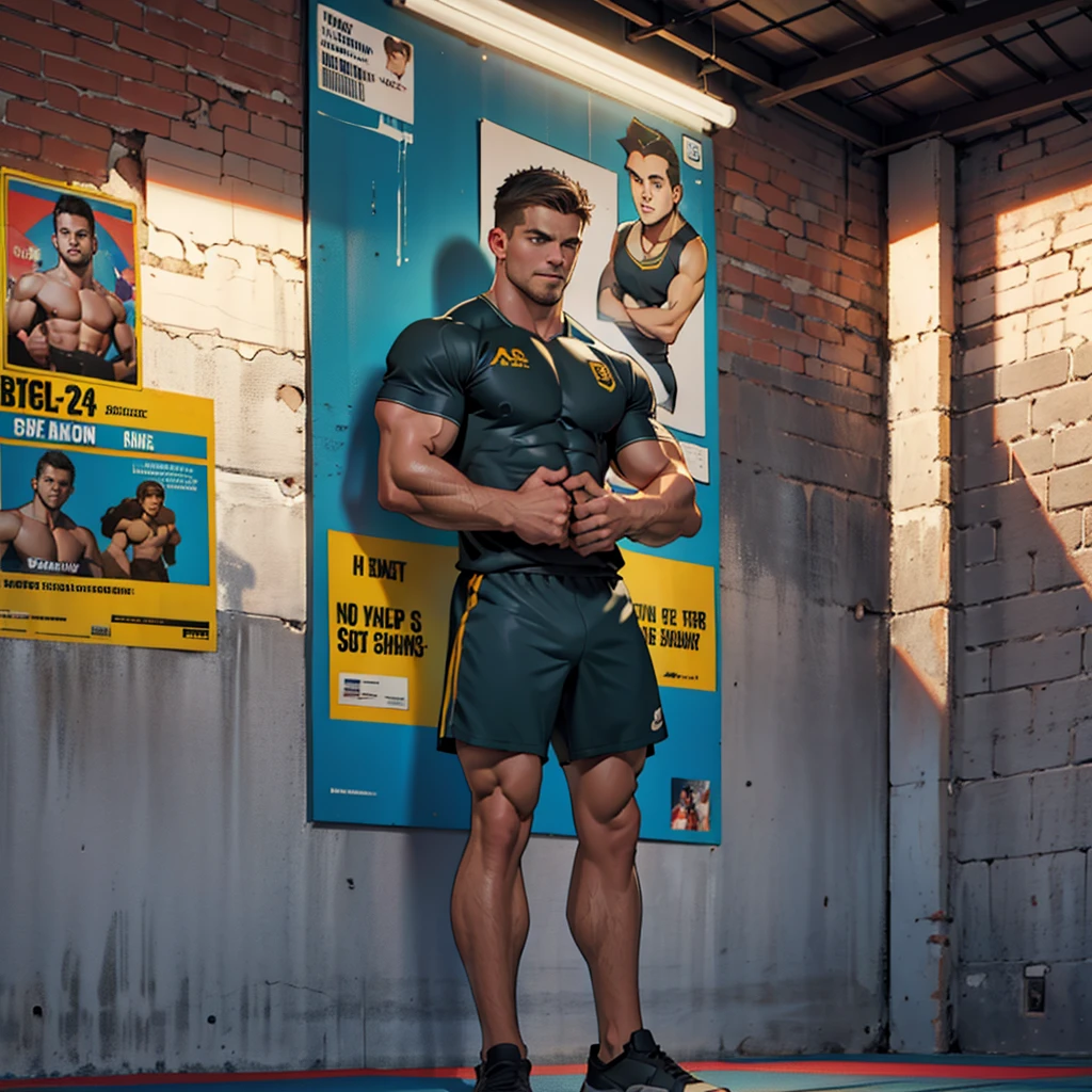 42k, high quality , detailed face , detailed hands , detailed muscles , stephen amell standing, posing in a gym hall ,standing with , showing his muscles, background brick wall with men health posters