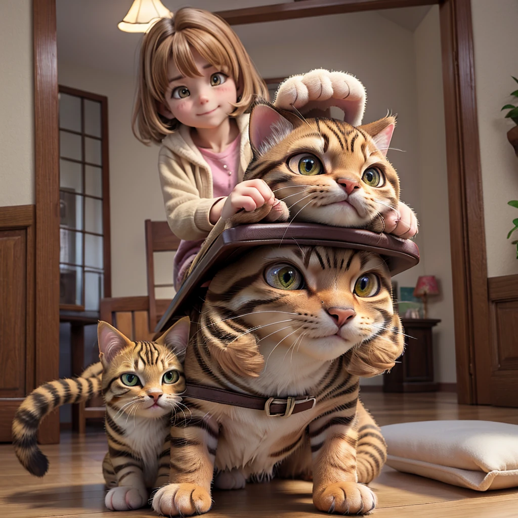 Brown tabby kitten、riding on a dog's back