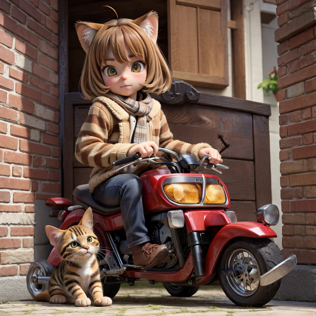 Brown tabby kitten、riding on a dog&#39;s back