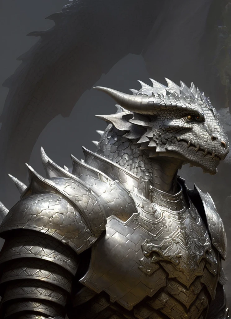 silver dragonborn, male, horns, solo, scales, armor, tail, shoulder armor, pauldrons, upper body, closed mouth, black background
, ((masterpiece, best quality)), art by greg rutkowski