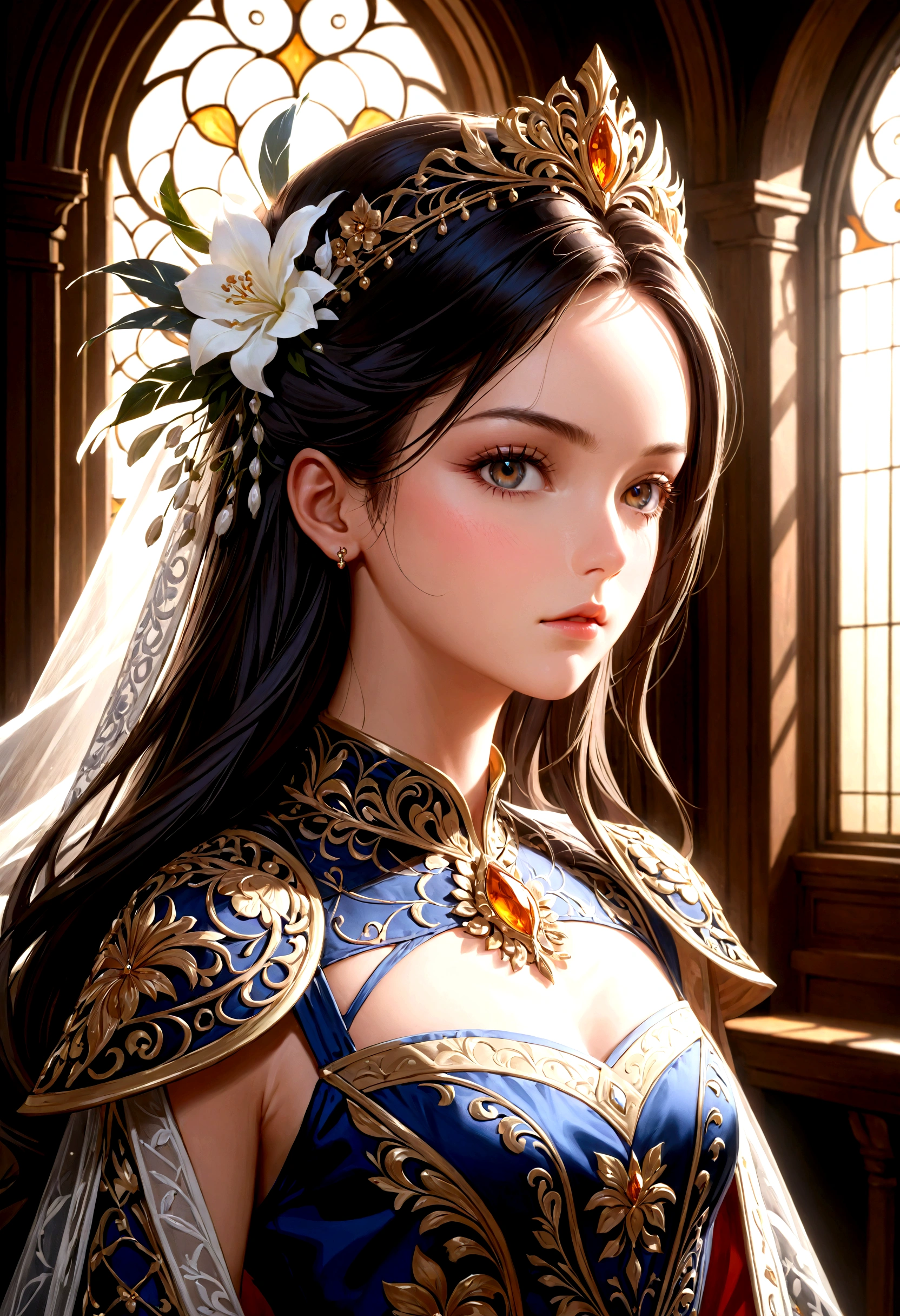 1woman, female_focus, realistic, beautiful detailed face, great body, perfect skin,
detailed skin texture, beautiful intricate clothes with elaborate decoration, cinematic lighting,
volume lighting, lens flare, bloom, masterpiece, best quality, ultra detailed, 8k,
intricate details, portrait