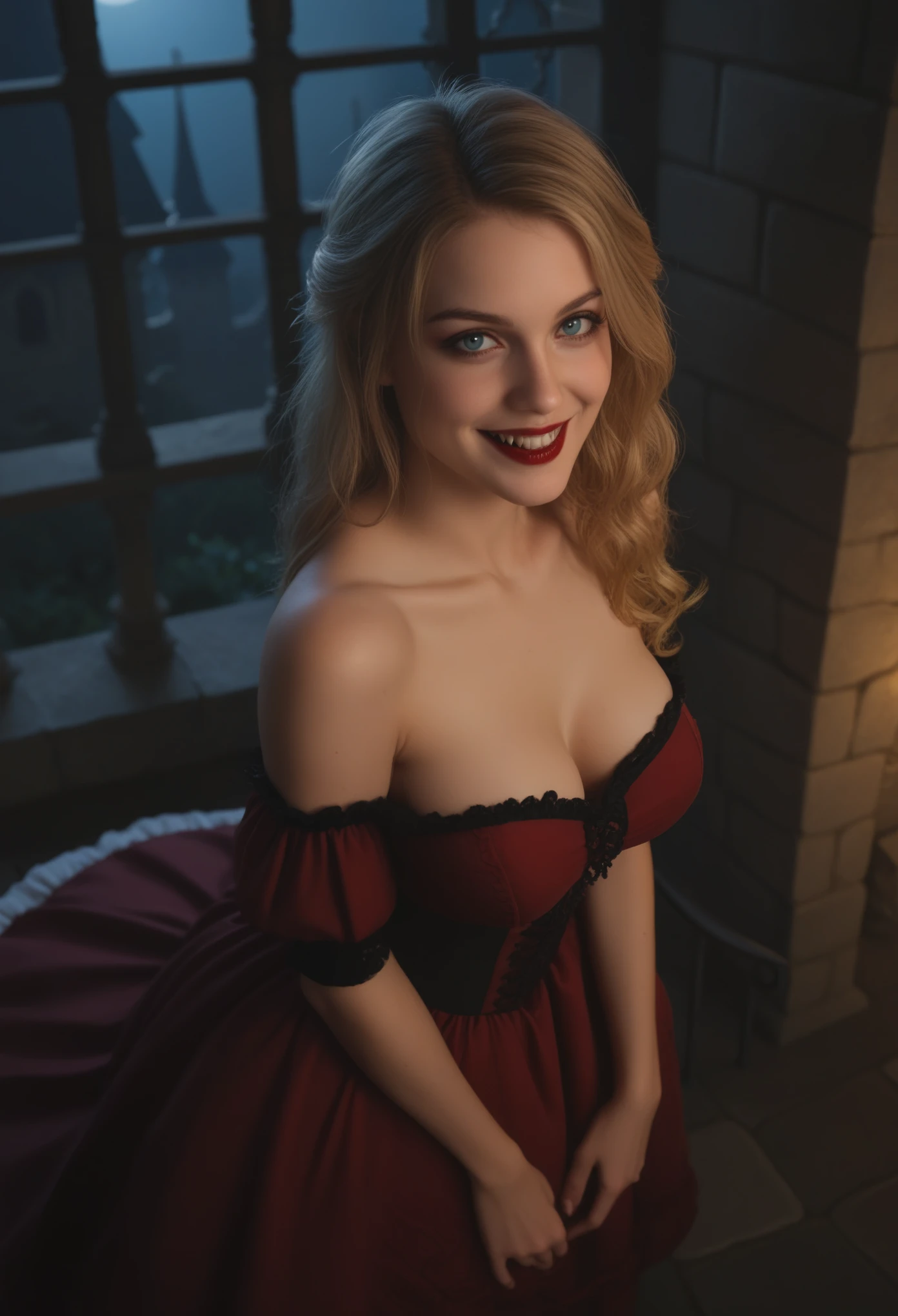 score_9, score_8_above, score_7_above, 1girl, large_breasts, royal_garden, medieval_castle, elegant_green_dress, off_shoulder_dress, evil_smile, cute_woman, blonde, long_hair, side view, from_above, night, moonlight, cinematic film still, RAW photo, perfect lighting, volumetric lighting, Galadriel, stuning, goddess, (vampire:1.5), blue_eyes