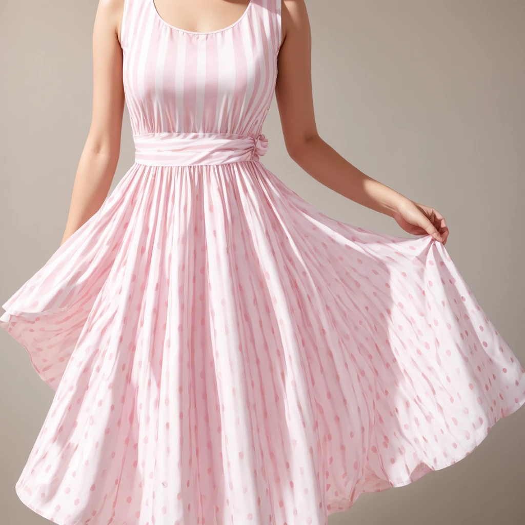 summer dress. Lightweight fabric,pink and white stripes smoothly flow into large white polka dots on a dark brown color