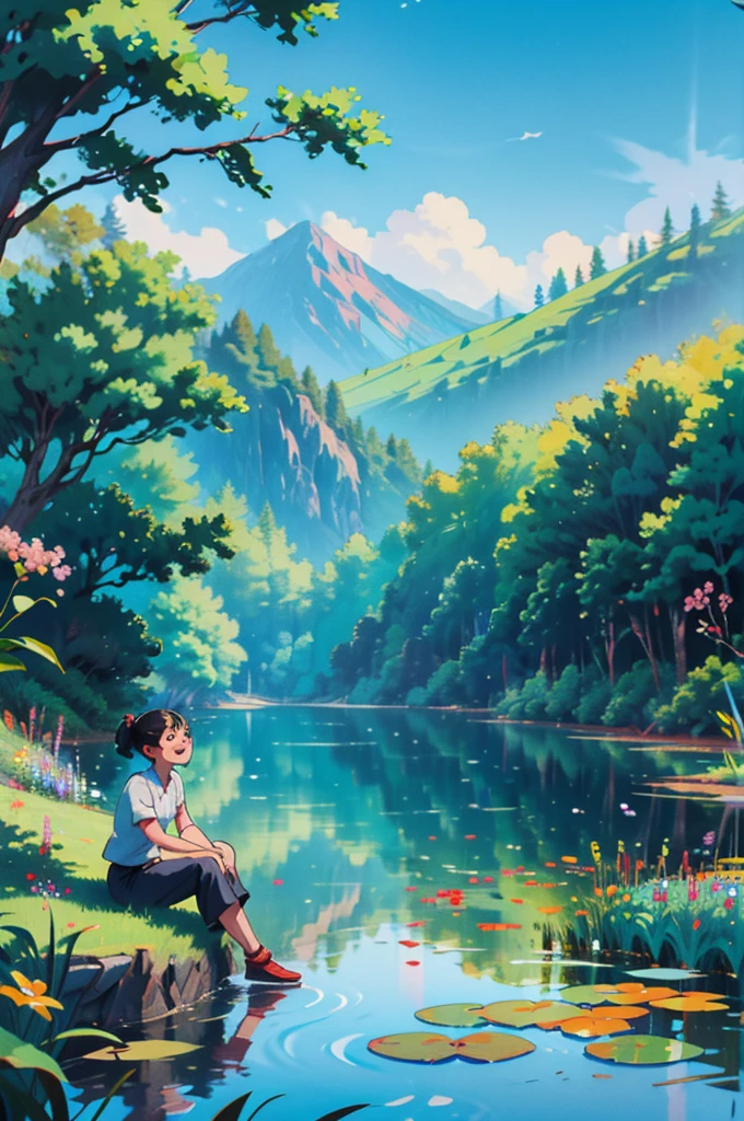 Beautiful summer scenery in Chinese countryside,3 cute and lively kids,Black hair,They are wearing short sleeves and shorts,Roll up your trouser legs,Sitting by the clear pond and laughing;Surrounded by lush greenery and a vast expanse of gorgeous flowers;They contrast beautifully with the blue sky and the hills in the distance.,It forms a peaceful and beautiful picture;In the foreground is a field of colorful flowers。