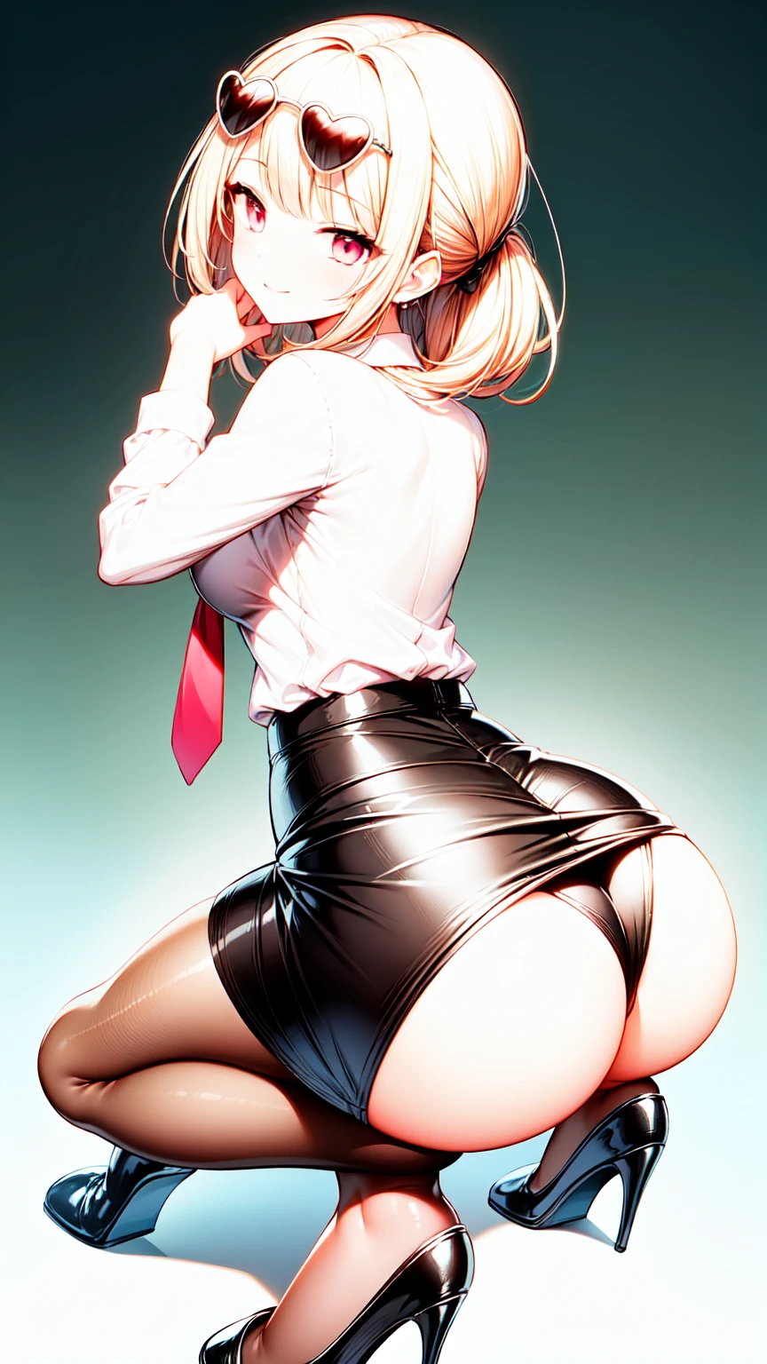 1girl, pantyhose, skirt, solo, shirt, white_shirt, looking_at_viewer, black_footwear, pencil_skirt, ass, black_skirt, long_sleeves, necktie, eyewear_on_head, smile, long_hair, sunglasses, office_lady, breasts, black_pantyhose, closed_mouth, bangs, collared_shirt, pink_eyes, red_necktie, ponytail, black_pantyhose, miniskirt, white background, simple background, sidelocks, hair_intakes, leaning_forward, from behind, ass, arm on own ass, spreading own ass, grabbing own ass, full body, high heels, kneeling