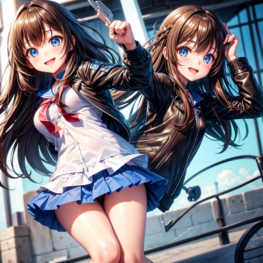 Elementary school girl,smile,Best Quality,8K,Highest quality,cute,fluffy,Angel,Long Hair,leather jacket,blue eyes,美しいcute女の子,Horny girl,Brown Hair,Latest Fashion,Girl, girl,