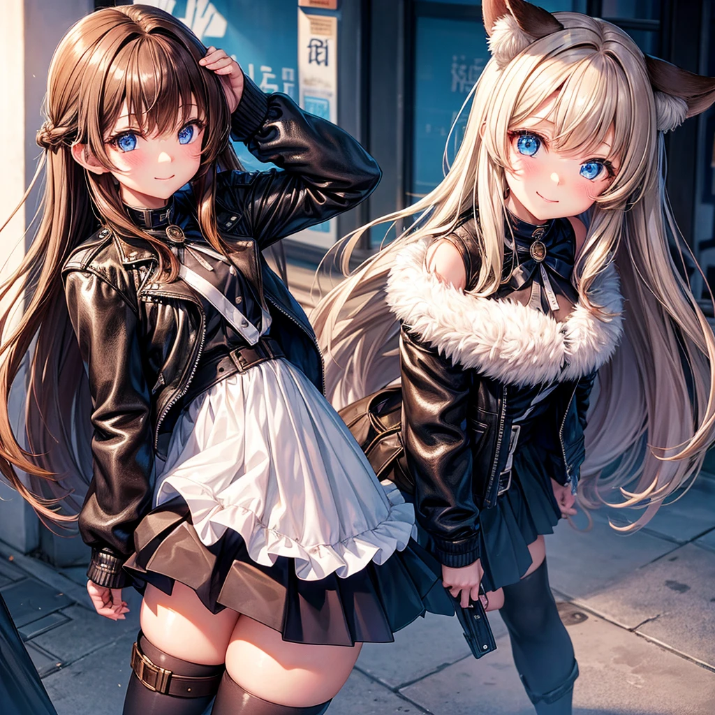 Elementary school girl,smile,Best Quality,8K,Highest quality,cute,fluffy,Angel,Long Hair,leather jacket,blue eyes,美しいcute女の子,Horny girl,Brown Hair,Latest Fashion,Girl, girl,