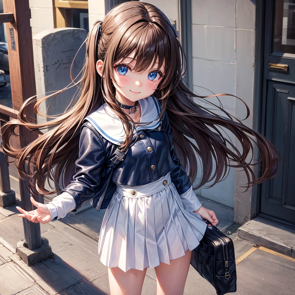 Elementary school girl，smile，Best Quality，8K，Highest quality，cute，fluffy，Angel，Long Hair，leather jacket，blue eyes，美しいcute女の子，Horny girl，Brown Hair，Latest Fashion，Girl，Loli girl，