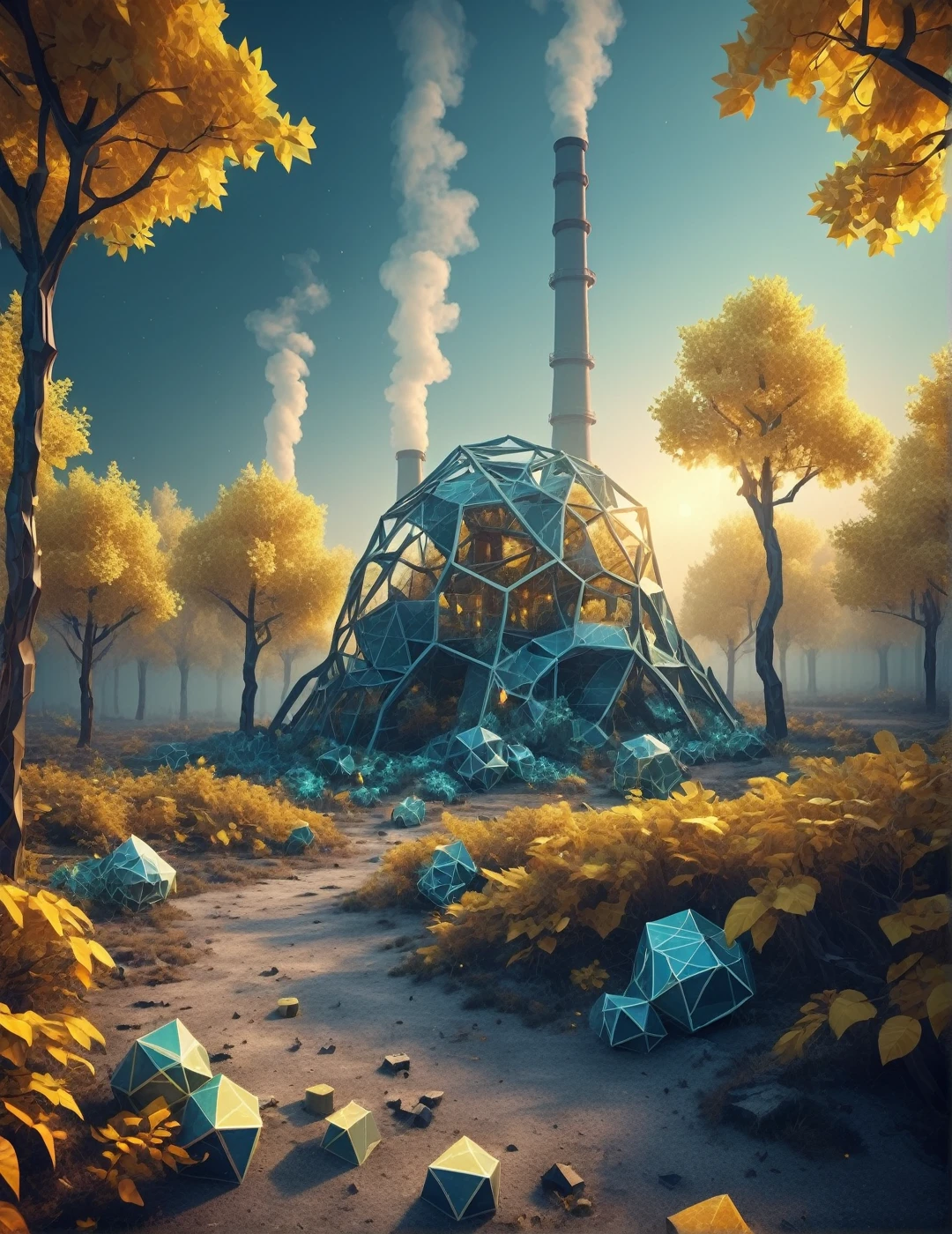 Low poly alien forest 3D game concept scenery with Voronoi shaped blocks on the ground, voxel-based landscape, plantas lowpoly complexas, Translucent bioluminescent materials, warm yellow leaves, (Voronoi Standard, Depth of field, (wavy bokeh:1.225), (Kodak porta 400:0.875) :1.3), (realistic complex abandoned nuclear power plant background:1.1), shiny glass, (turbulent fog on the ground, surreal morning lights:1.25), Remarkable masterpiece, heavenly, ethereal, epic, magic light flames, Soft and dreamy natural lighting, ((cold blue and deep carbon:0.7), (cinematic appearance:1.1), ideal fingers:1.3)