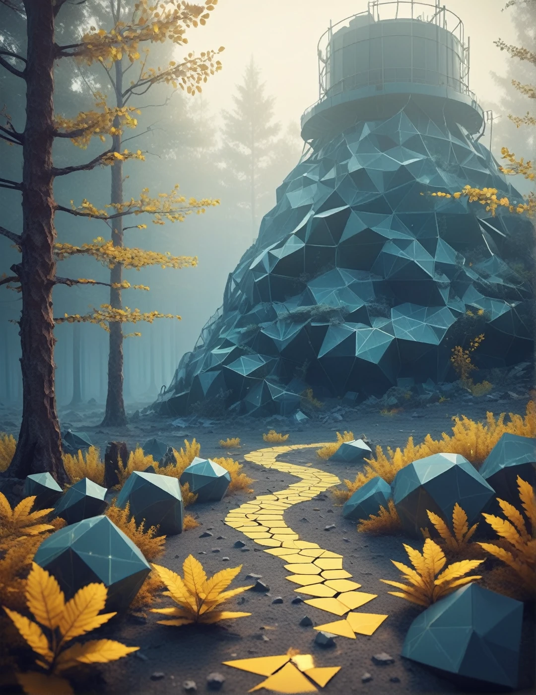 Low poly alien forest 3D game concept scenery with Voronoi shaped blocks on the ground, voxel-based landscape, plantas lowpoly complexas, Translucent bioluminescent materials, warm yellow leaves, (Voronoi Standard, Depth of field, (wavy bokeh:1.225), (Kodak porta 400:0.875) :1.3), (realistic complex abandoned nuclear power plant background:1.1), shiny glass, (turbulent fog on the ground, surreal morning lights:1.25), Remarkable masterpiece, heavenly, ethereal, epic, magic light flames, Soft and dreamy natural lighting, ((cold blue and deep carbon:0.7), (cinematic appearance:1.1), ideal fingers:1.3)