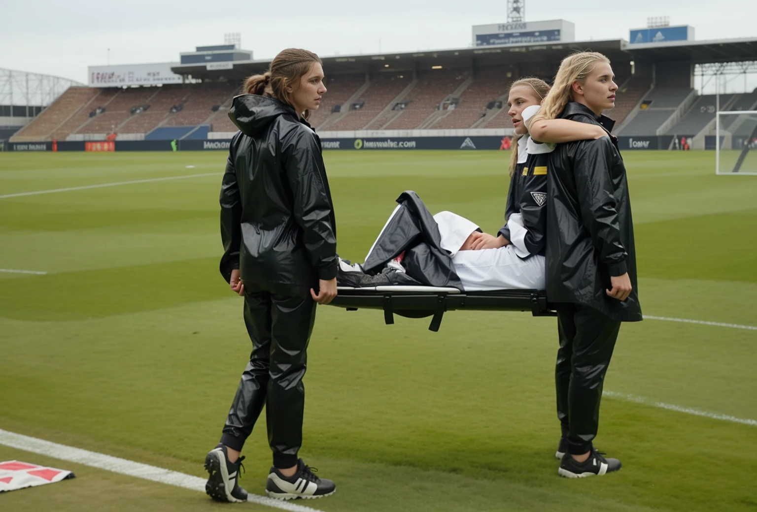 There are two madeup women I shiny and wetlook outfits carrying a stretcher on a sports ground, there is a slightly bearded and attractive young male sportsman lying injured on a stretcher with a very painful expression, there is a sportsman lying on his back on a stretcher and covers his painful looking face with his hands, there are women in wetlook laquered outerwear carrying a man on a stretcher in a sports stadium, there is a man on a stretcher being carried by two very madeup women, there is a bearded soccer-player lying on a stretcher, there is a soccer-player on a stretcher with his hands over his face, a soccer-player is lying on a stretcher and has put his hands over his face, soccer, football