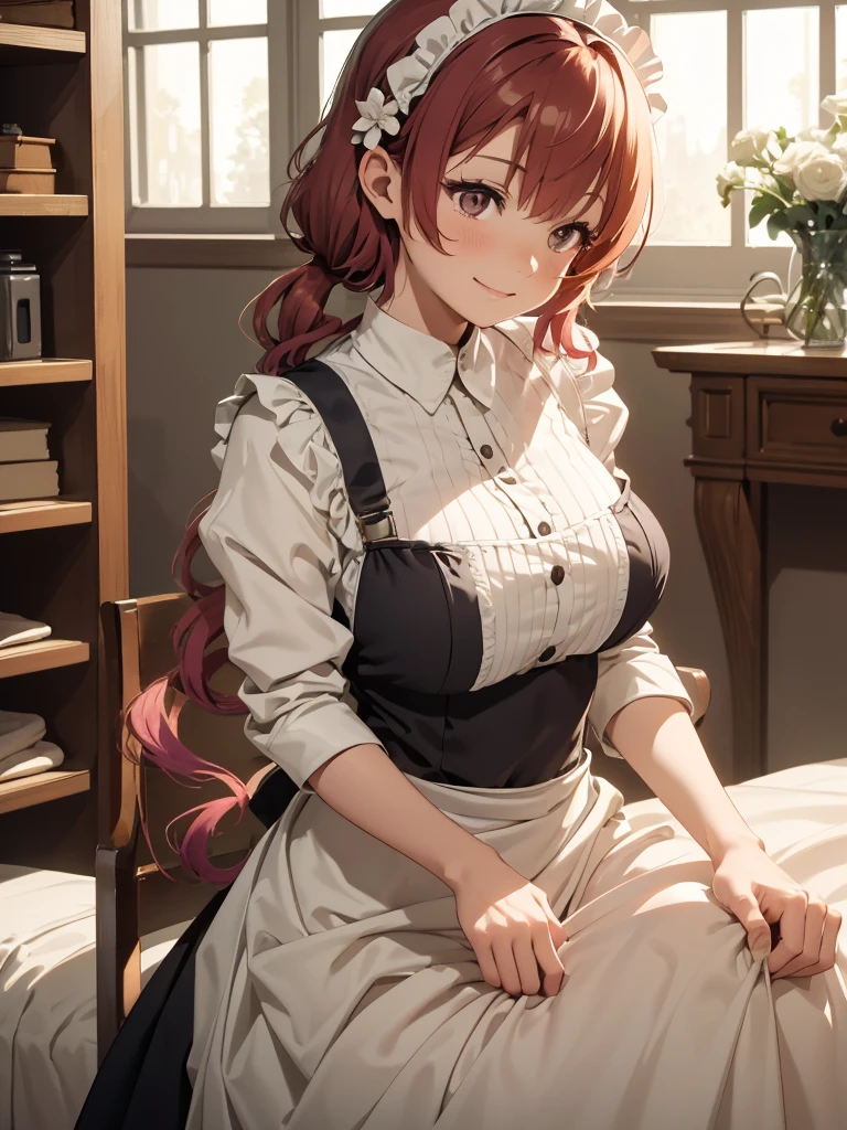 (masterpiece、top-quality、hight resolution), Picture a scene in which the protagonist is entertained by a kind, receptive, and abundantly experienced maid of honor. The maid of honor has a natural warm smile on her face, which conveys her wealth of experience and security. She is dressed in traditional chambermaid's clothing, creating a sense of calm and security. In the background is a comfortable and elegantly decorated room, emphasizing the cozy and relaxed atmosphere. The maid of honor serves with grace and care, making the hero completely relaxed and cared for. The maid of honor's main focus is to ensure the comfort of the protagonist, which is evident in her every action and facial expression.